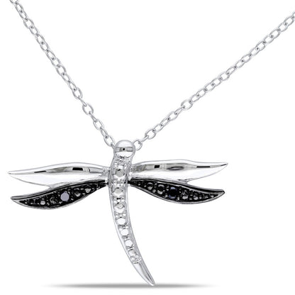 Enhanced Black Natural Diamond Accent Dragonfly Pendant in Two-Tone Sterling Silver