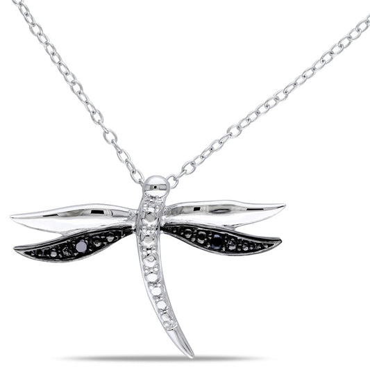 Enhanced Black Natural Diamond Accent Dragonfly Pendant in Two-Tone Sterling Silver