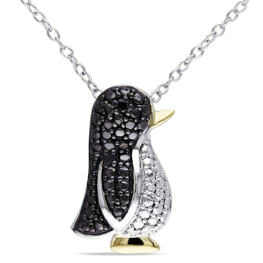 Enhanced Black Natural Diamond Accent Penguin Pendant in Tri-Tone Sterling Silver