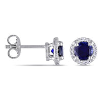 5.0mm Lab-Created Blue Sapphire and Diamond Accent Frame Stud Earrings in Sterling Silver