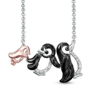 Natural Diamond Accent Penguin Family Necklace in Sterling Silver and 18K Rose Gold Plate - 16