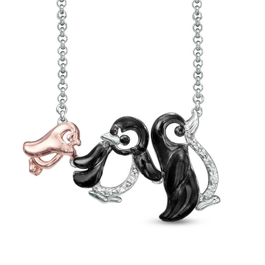 Natural Diamond Accent Penguin Family Necklace in Sterling Silver and 18K Rose Gold Plate - 16