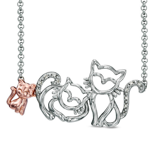 Natural Diamond Accent Cat Family Necklace in Sterling Silver and 18K Rose Gold Plate - 16