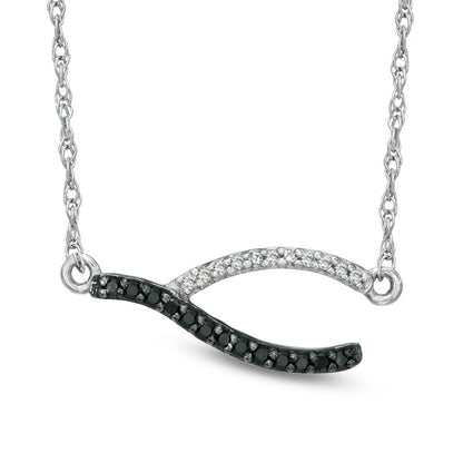 0.13 CT. T.W. Enhanced Black and White Natural Diamond Sideways Wishbone Necklace in Sterling Silver - 17