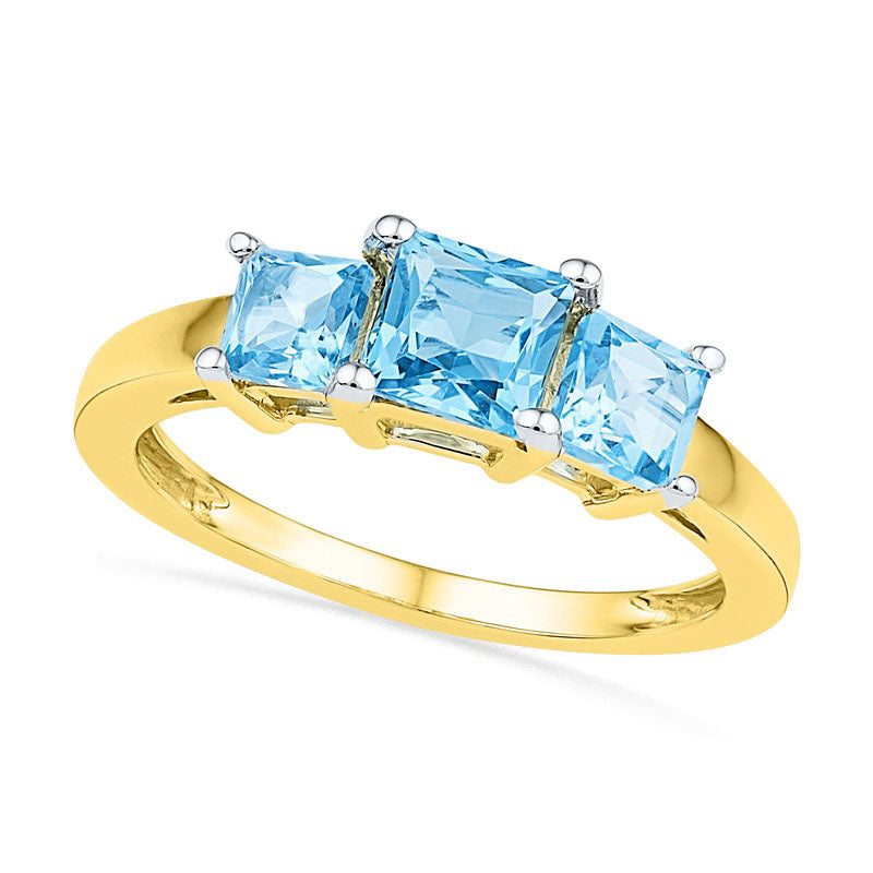 Princess-Cut Blue Topaz Three Stone Ring in Solid 10K Yellow Gold