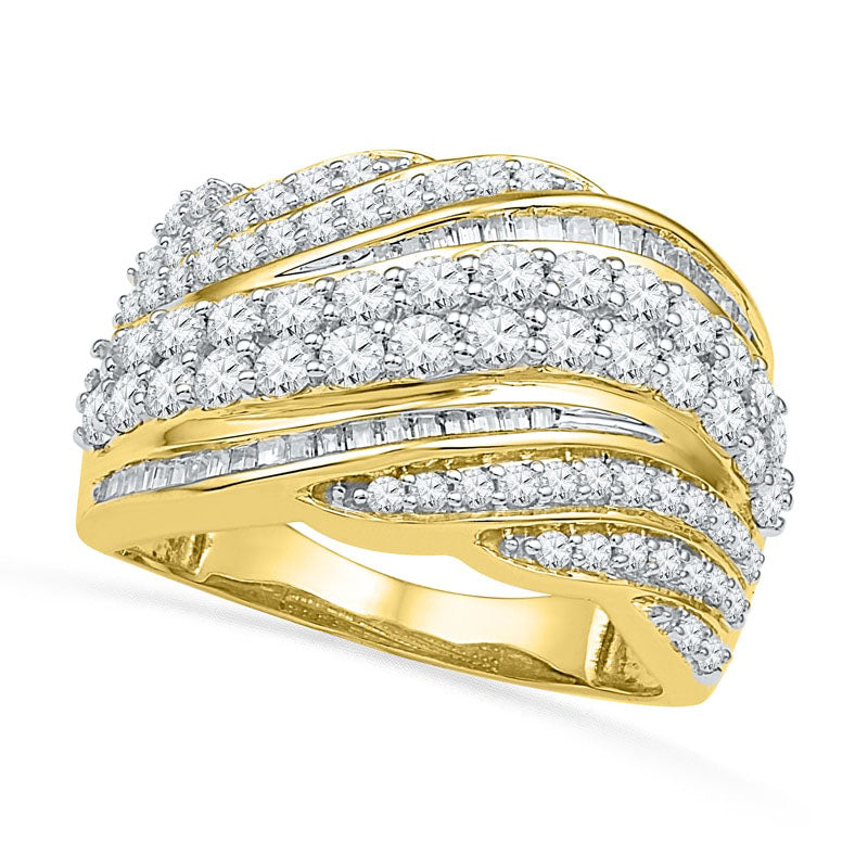 1.5 CT. T.W. Baguette and Round Natural Diamond Wave Band in Solid 10K Yellow Gold