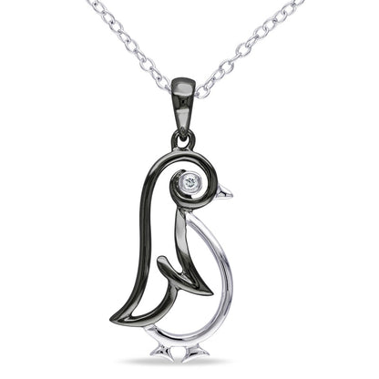 Natural Diamond Accent Penguin Pendant in Two-Tone Sterling Silver