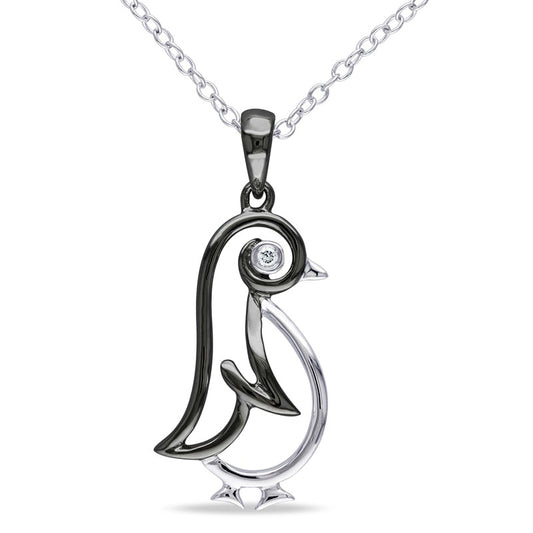 Natural Diamond Accent Penguin Pendant in Two-Tone Sterling Silver