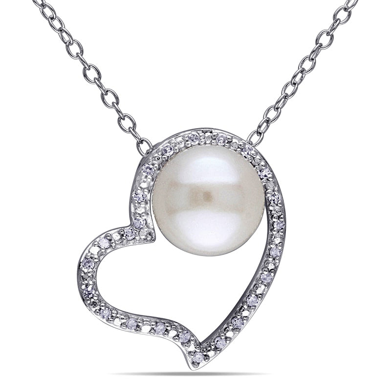 8.0 - 8.5mm Cultured Freshwater Pearl and 0.1 CT. T.W. Natural Diamond Heart Pendant in Sterling Silver