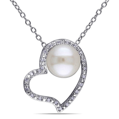 8.0 - 8.5mm Cultured Freshwater Pearl and 0.1 CT. T.W. Natural Diamond Heart Pendant in Sterling Silver