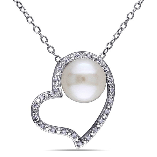 8.0 - 8.5mm Cultured Freshwater Pearl and 0.1 CT. T.W. Natural Diamond Heart Pendant in Sterling Silver