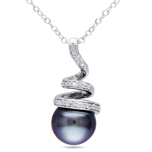 8.0 - 8.5mm Black Cultured Tahitian Pearl and 0.1 CT. T.W. Natural Diamond Spiral Pendant in Sterling Silver