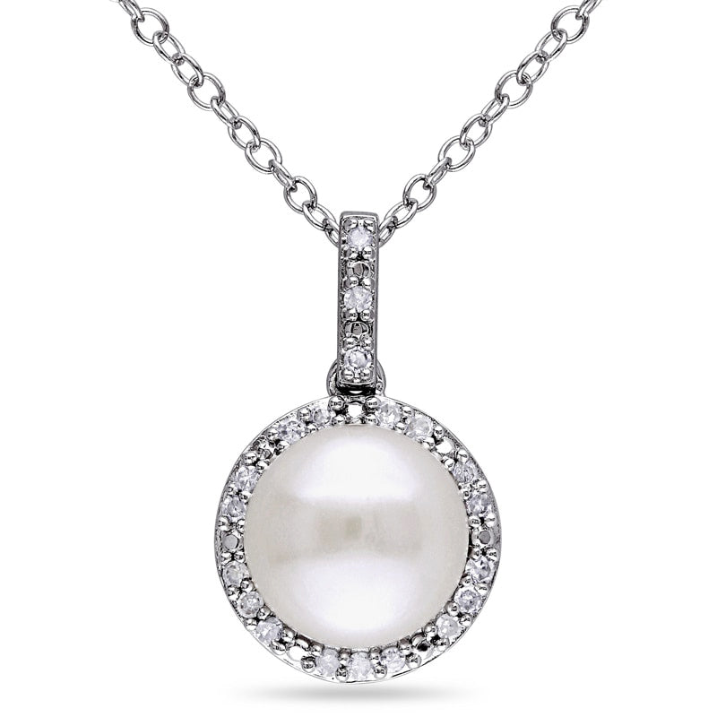 8.0 - 8.5mm Button Cultured Freshwater Pearl and 0.1 CT. T.W. Natural Diamond Frame Pendant in Sterling Silver