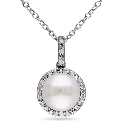 8.0 - 8.5mm Button Cultured Freshwater Pearl and 0.1 CT. T.W. Natural Diamond Frame Pendant in Sterling Silver