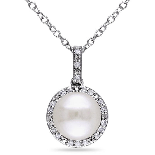 8.0 - 8.5mm Button Cultured Freshwater Pearl and 0.1 CT. T.W. Natural Diamond Frame Pendant in Sterling Silver