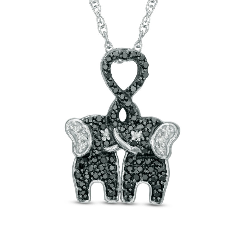 0.25 CT. T.W. Enhanced Black and White Natural Diamond Kissing Elephants Pendant in Sterling Silver