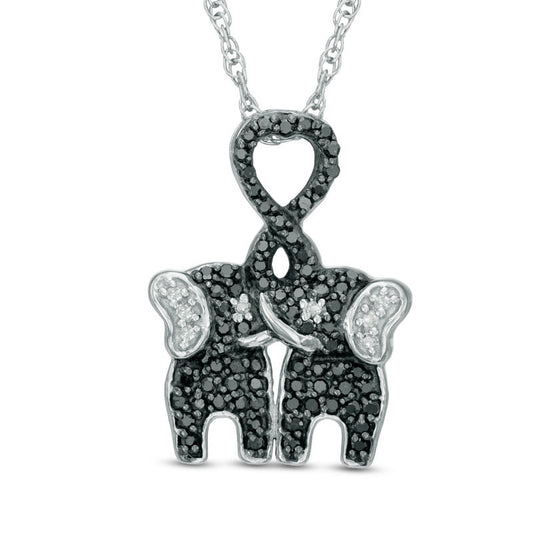 0.25 CT. T.W. Enhanced Black and White Natural Diamond Kissing Elephants Pendant in Sterling Silver