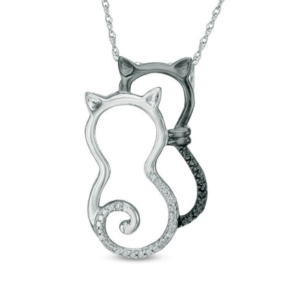 Enhanced Black and White Natural Diamond Accent Double Cat Pendant in Sterling Silver with Black Rhodium