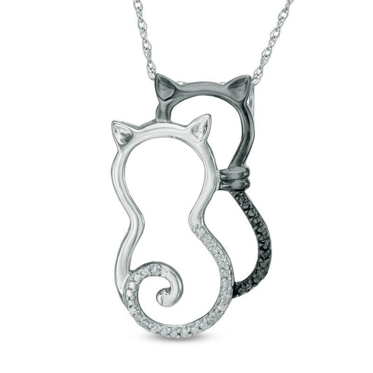 Enhanced Black and White Natural Diamond Accent Double Cat Pendant in Sterling Silver with Black Rhodium