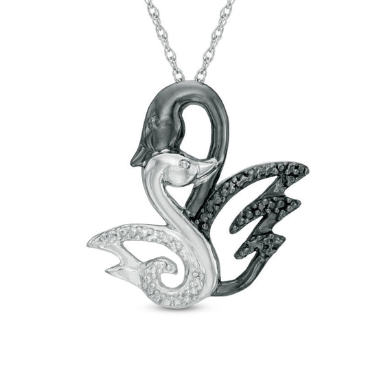Enhanced Black and White Natural Diamond Accent Motherly Swan Pendant in Sterling Silver with Black Rhodium