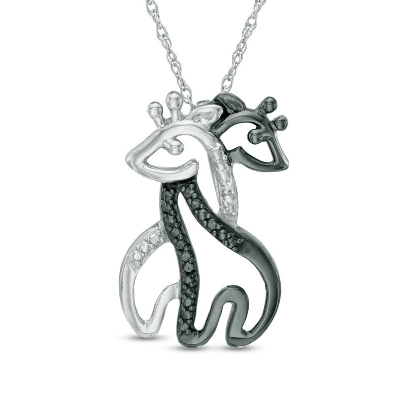 Enhanced Black and White Natural Diamond Accent Hugging Giraffes Pendant in Sterling Silver with Black Rhodium