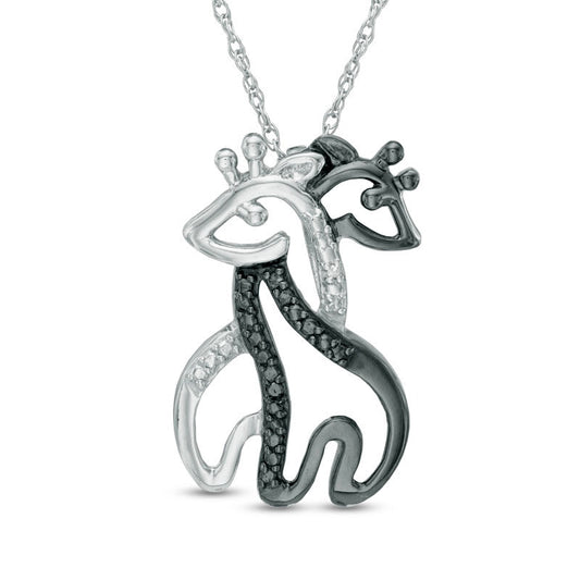 Enhanced Black and White Natural Diamond Accent Hugging Giraffes Pendant in Sterling Silver with Black Rhodium