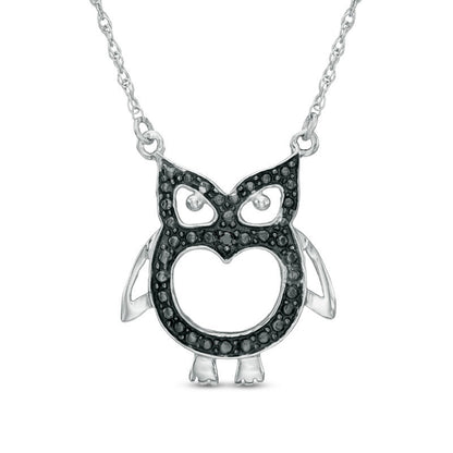 Enhanced Black Natural Diamond Accent Owl Outline Necklace in Sterling Silver with Beaded Black Rhodium