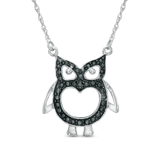 Enhanced Black Natural Diamond Accent Owl Outline Necklace in Sterling Silver with Beaded Black Rhodium