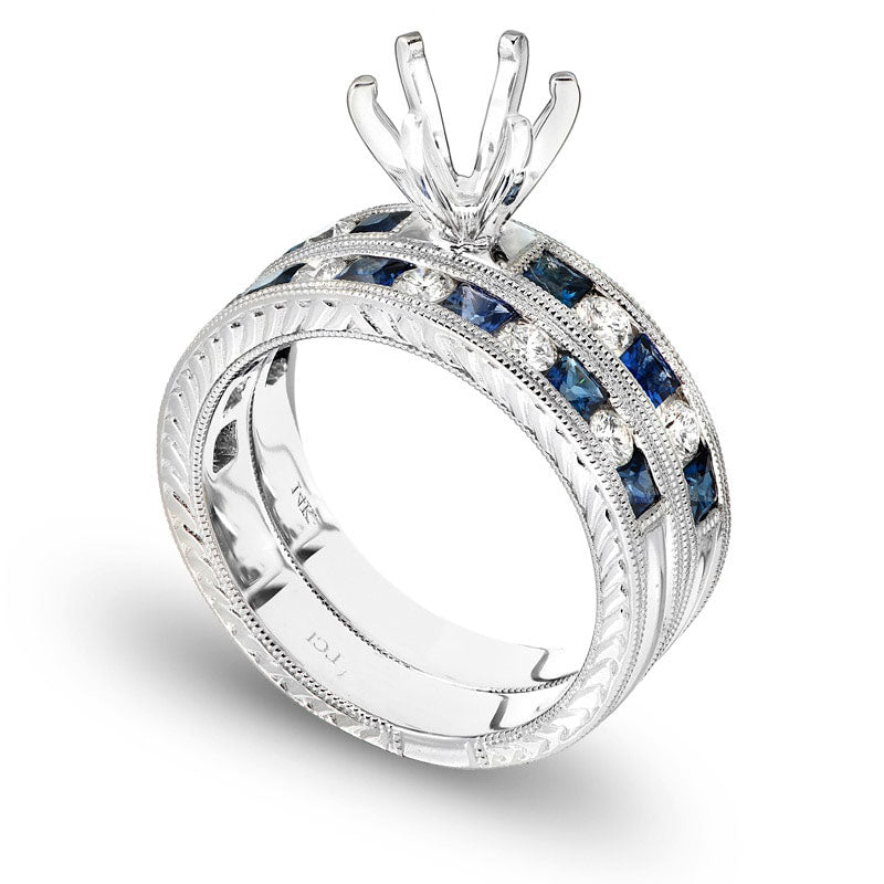 Princess-Cut Blue Sapphire and 0.50 CT. T.W. Natural Diamond Semi-Mount Bridal Engagement Ring Set in Solid 14K White Gold