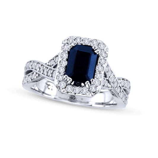 Your Stone Your Story Ö Emerald-Cut Blue Sapphire and 0.75 CT. T.W. Natural Diamond Frame Twist Ring in Solid 14K White Gold