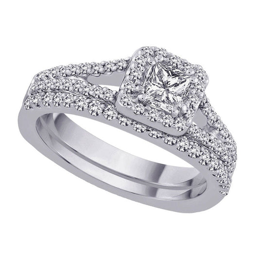 1.0 CT. T.W. Natural Diamond Frame Bridal Engagement Ring Set in Solid 14K White Gold