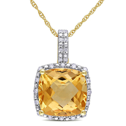 10.0mm Cushion-Cut Citrine and 0.1 CT. T.W. Natural Diamond Frame Pendant in 10K Yellow Gold - 17