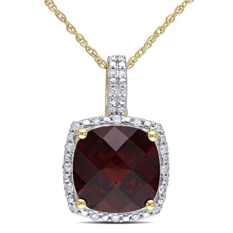 10.0mm Cushion-Cut Garnet and 0.1 CT. T.W. Natural Diamond Frame Pendant in 10K Yellow Gold - 17