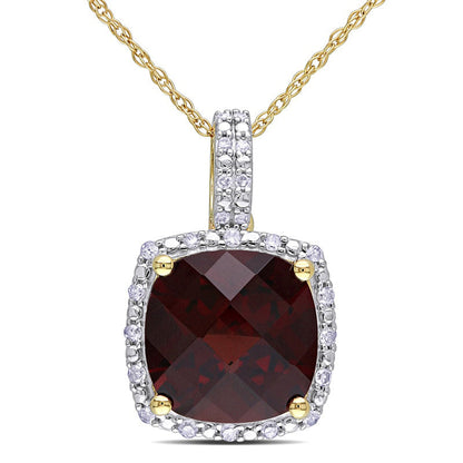 10.0mm Cushion-Cut Garnet and 0.1 CT. T.W. Natural Diamond Frame Pendant in 10K Yellow Gold - 17