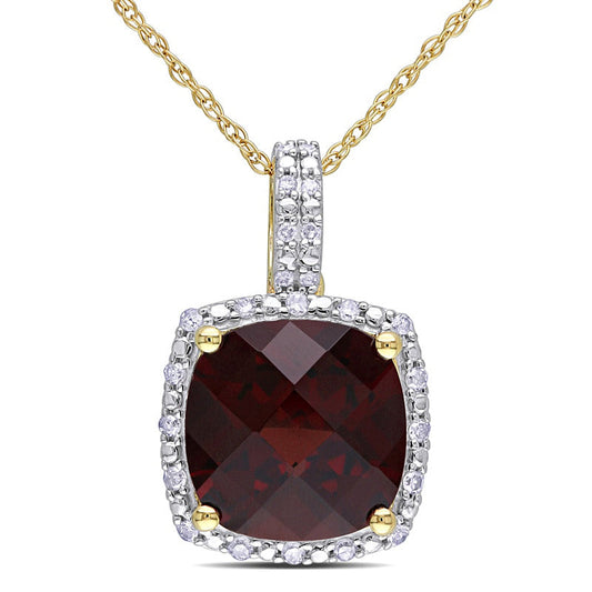10.0mm Cushion-Cut Garnet and 0.1 CT. T.W. Natural Diamond Frame Pendant in 10K Yellow Gold - 17
