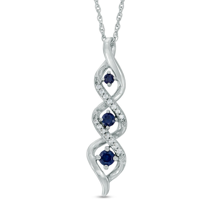 Lab-Created Blue Sapphire and Diamond Accent Three Stone Pendant in Sterling Silver