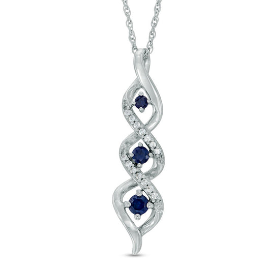 Lab-Created Blue Sapphire and Diamond Accent Three Stone Pendant in Sterling Silver