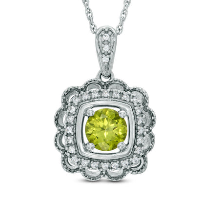 5.0mm Peridot and 0.1 CT. T.W. Natural Diamond Frame Square Pendant in Sterling Silver