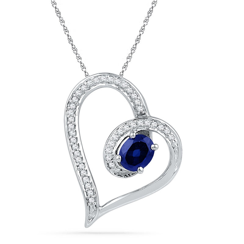 Oval Lab-Created Blue Sapphire and 0.1 CT. T.W. Diamond Loop Heart Pendant in Sterling Silver