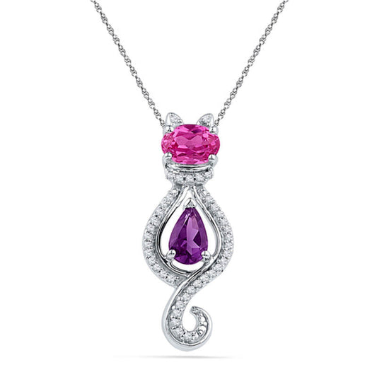 Oval Lab-Created Pink Sapphire, Amethyst and 0.1 CT. T.W. Diamond Cat Pendant in Sterling Silver
