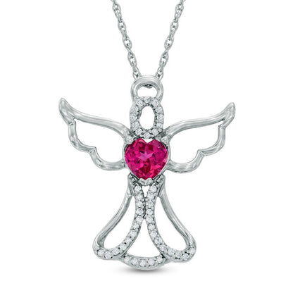 5.0mm Heart-Shaped Lab-Created Ruby and 0.13 CT. T.W. Diamond Angel Pendant in Sterling Silver