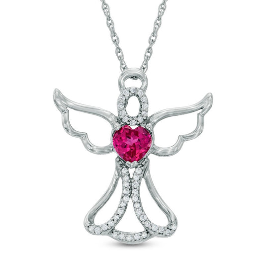 5.0mm Heart-Shaped Lab-Created Ruby and 0.13 CT. T.W. Diamond Angel Pendant in Sterling Silver