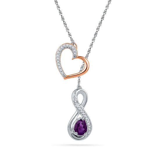 Pear-Shaped Amethyst and 0.1 CT. T.W. Natural Diamond Heart Infinity Lariat-Style Necklace in Sterling Silver and 10K Rose Gold