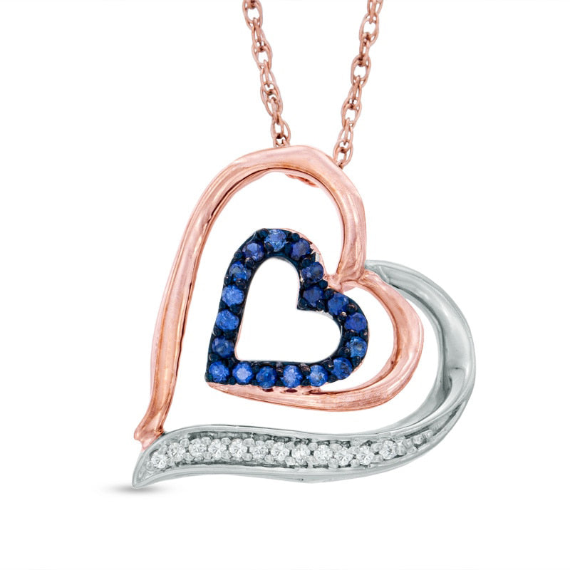 Lab-Created Blue Sapphire and 0.05 CT. T.W. Diamond Double Heart Pendant in Sterling Silver and 10K Rose Gold