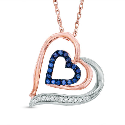Lab-Created Blue Sapphire and 0.05 CT. T.W. Diamond Double Heart Pendant in Sterling Silver and 10K Rose Gold