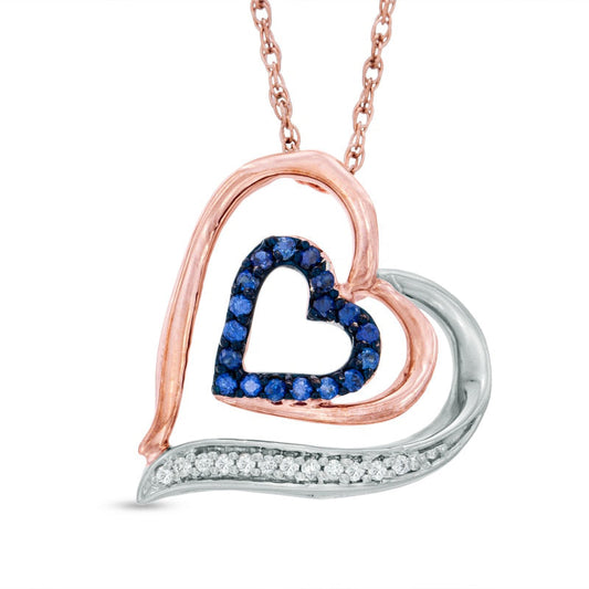 Lab-Created Blue Sapphire and 0.05 CT. T.W. Diamond Double Heart Pendant in Sterling Silver and 10K Rose Gold