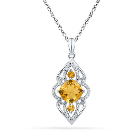 7.0mm Cushion-Cut Citrine and 0.17 CT. T.W. Natural Diamond Pendant in Sterling silver