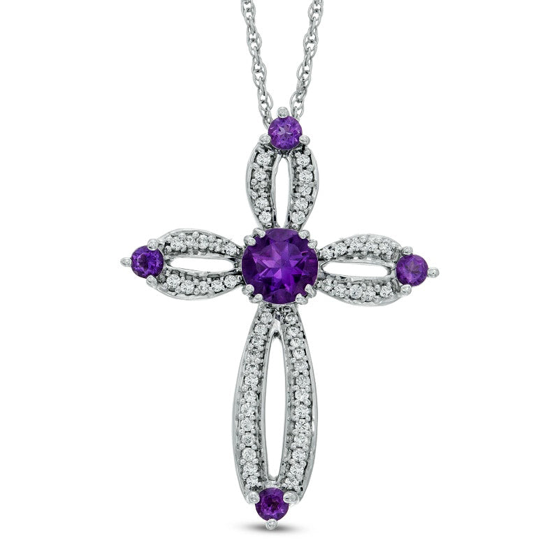 5.0mm Amethyst and 0.2 CT. T.W. Natural Diamond Cross Pendant in Sterling silver
