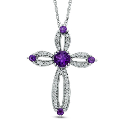 5.0mm Amethyst and 0.2 CT. T.W. Natural Diamond Cross Pendant in Sterling silver