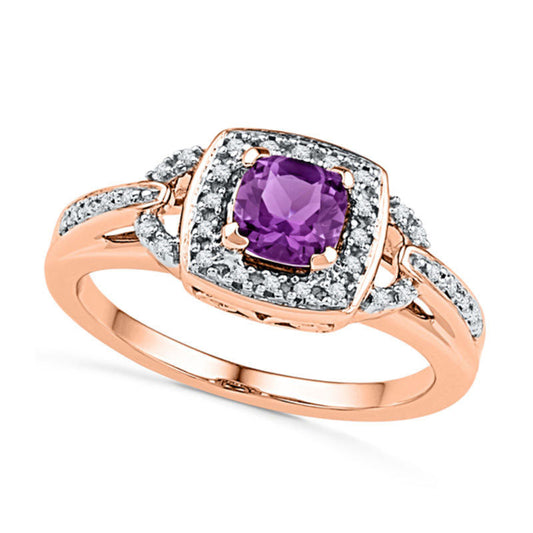 5.0mm Cushion-Cut Amethyst and 0.10 CT. T.W. Natural Diamond Frame Ring in Solid 10K Rose Gold